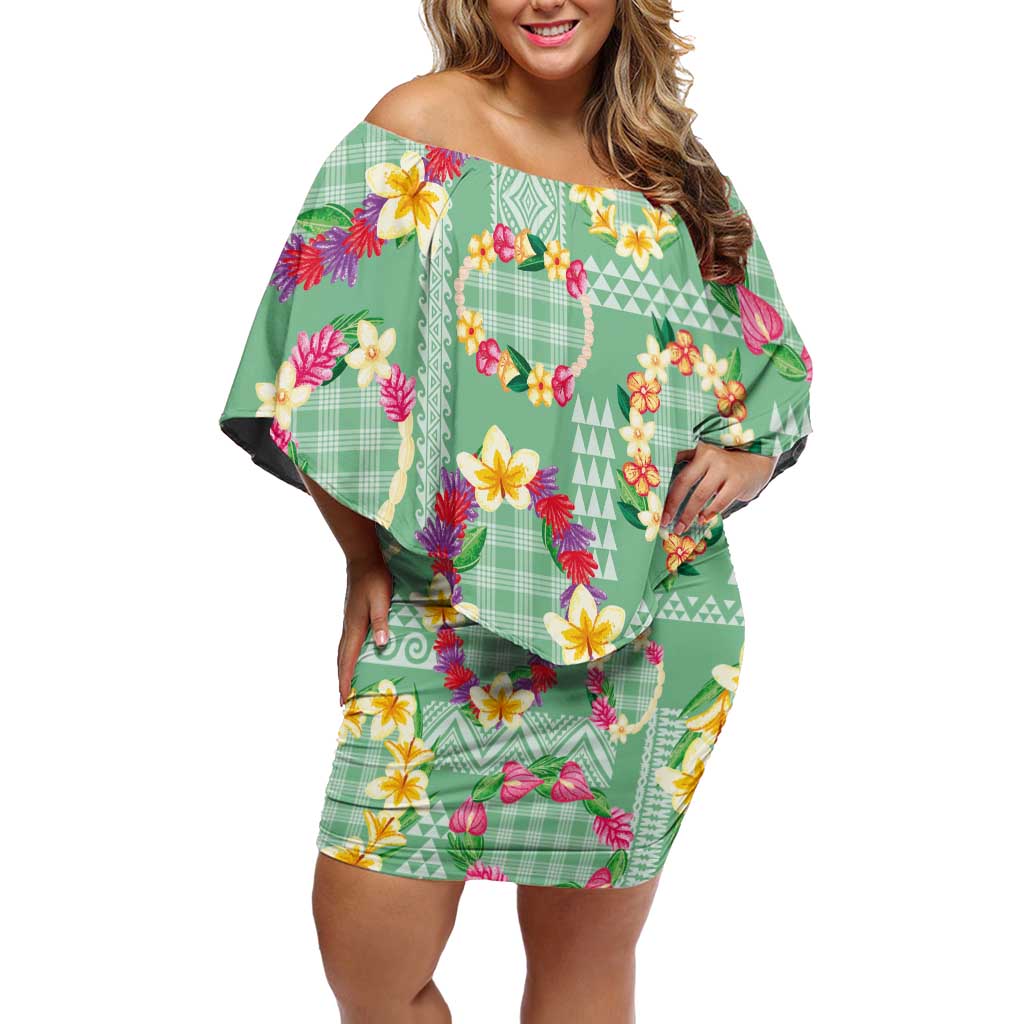 Hawaiian Leis Off Shoulder Short Dress Kakau Tattoos and Palaka Pastel Green Color