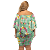 Hawaiian Leis Off Shoulder Short Dress Kakau Tattoos and Palaka Pastel Green Color