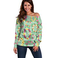 Hawaiian Leis Off Shoulder Sweater Kakau Tattoos and Palaka Pastel Green Color