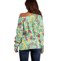Hawaiian Leis Off Shoulder Sweater Kakau Tattoos and Palaka Pastel Green Color