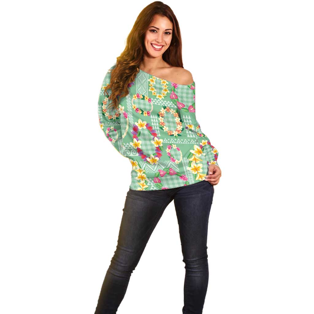 Hawaiian Leis Off Shoulder Sweater Kakau Tattoos and Palaka Pastel Green Color