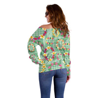 Hawaiian Leis Off Shoulder Sweater Kakau Tattoos and Palaka Pastel Green Color