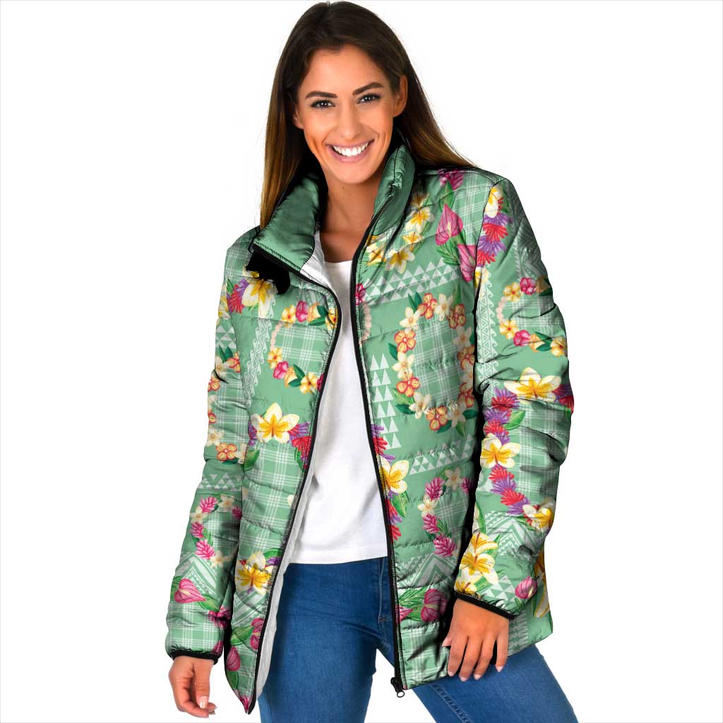 Hawaiian Leis Padded Jacket Kakau Tattoos and Palaka Pastel Green Color