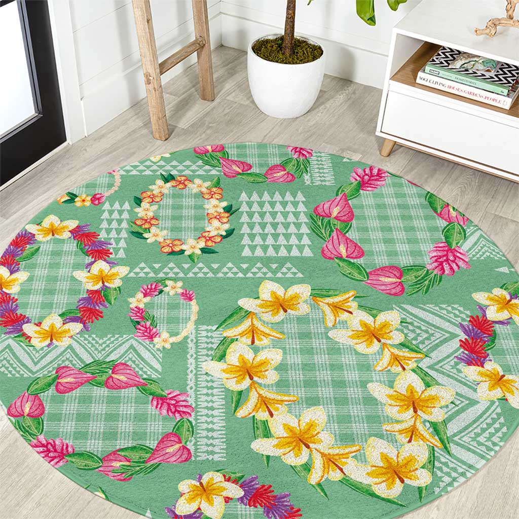 Hawaiian Leis Round Carpet Kakau Tattoos and Palaka Pastel Green Color