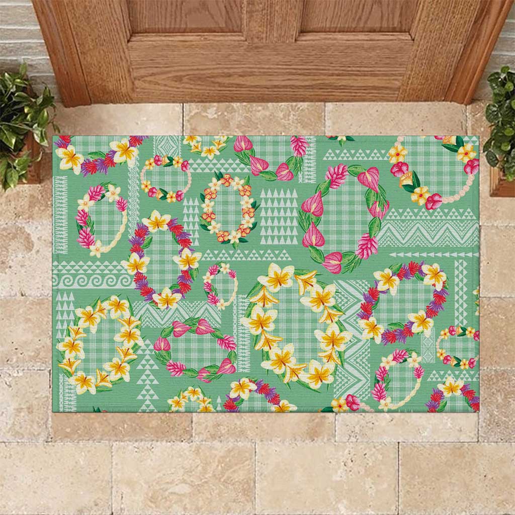 Hawaiian Leis Rubber Doormat Kakau Tattoos and Palaka Pastel Green Color
