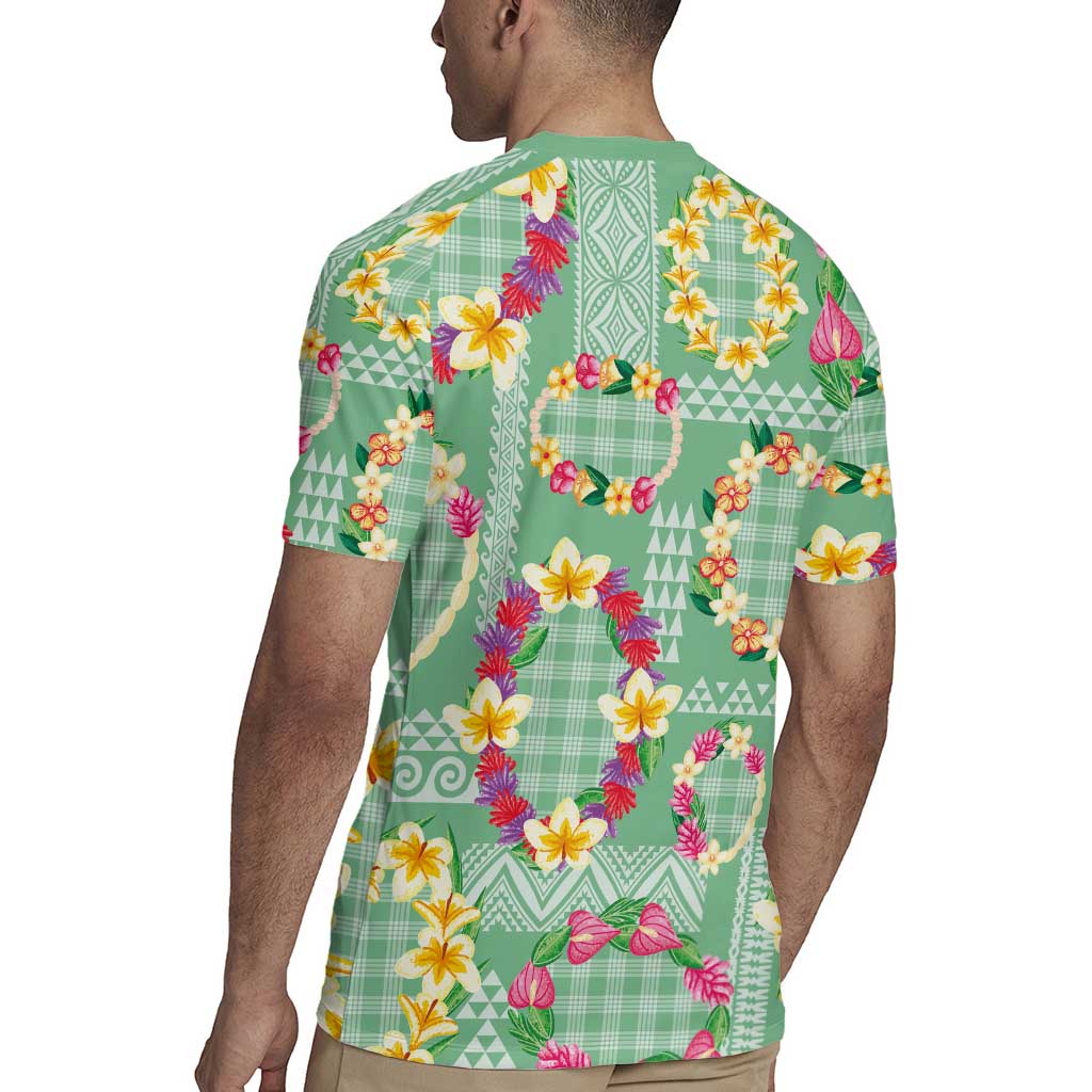 Hawaiian Leis Rugby Jersey Kakau Tattoos and Palaka Pastel Green Color