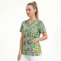 Hawaiian Leis Scrub Top Kakau Tattoos and Palaka Pastel Green Color