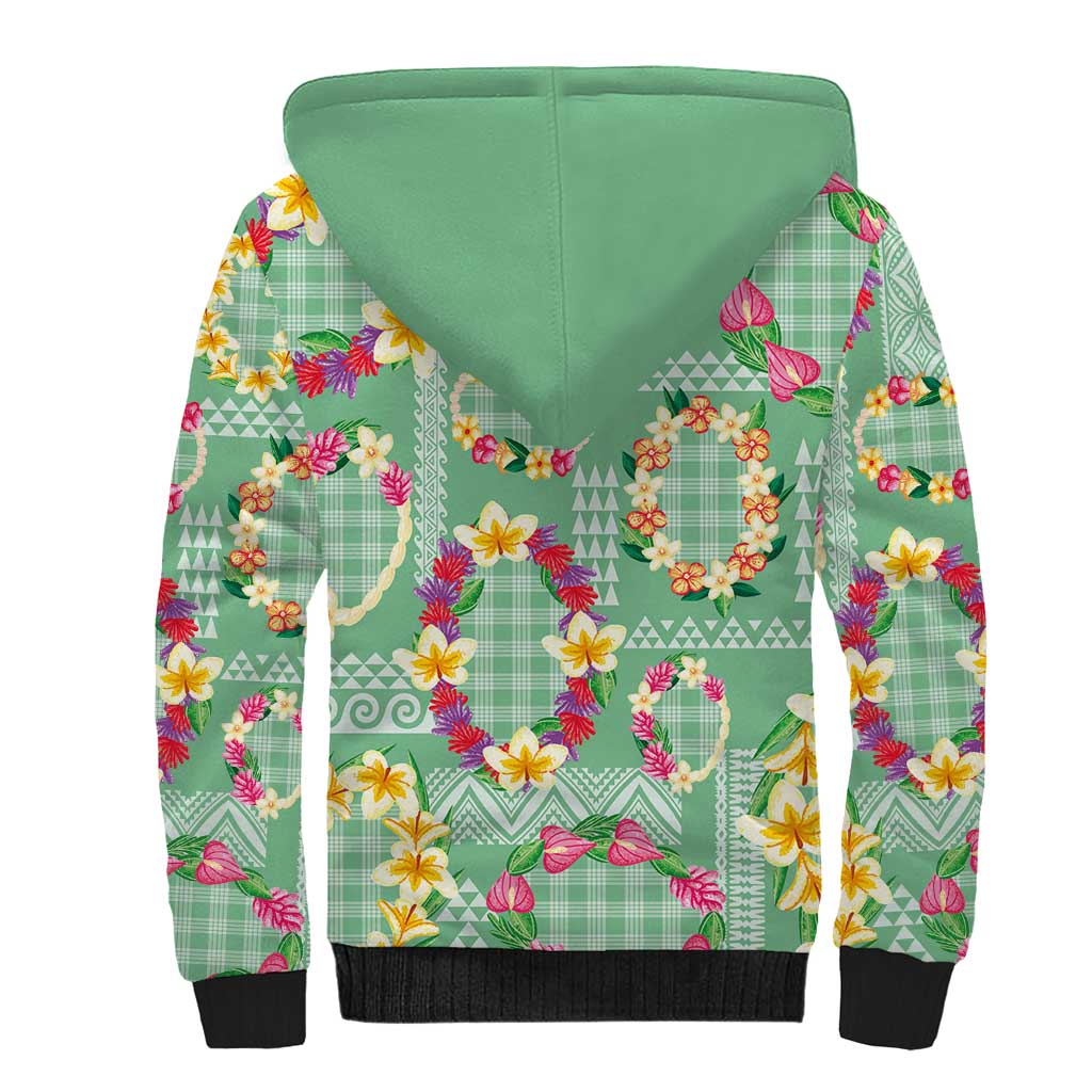 Hawaiian Leis Sherpa Hoodie Kakau Tattoos and Palaka Pastel Green Color