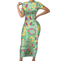 Hawaiian Leis Short Sleeve Bodycon Dress Kakau Tattoos and Palaka Pastel Green Color