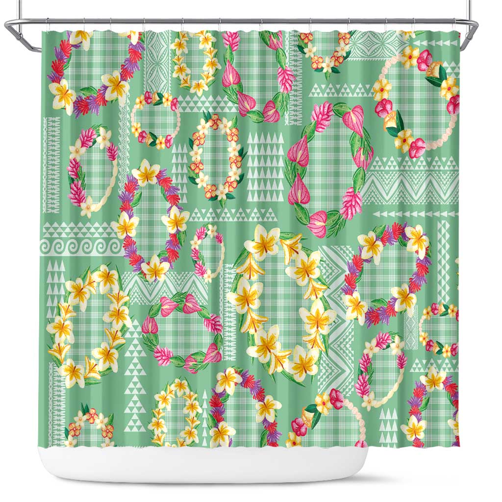 Hawaiian Leis Shower Curtain Kakau Tattoos and Palaka Pastel Green Color