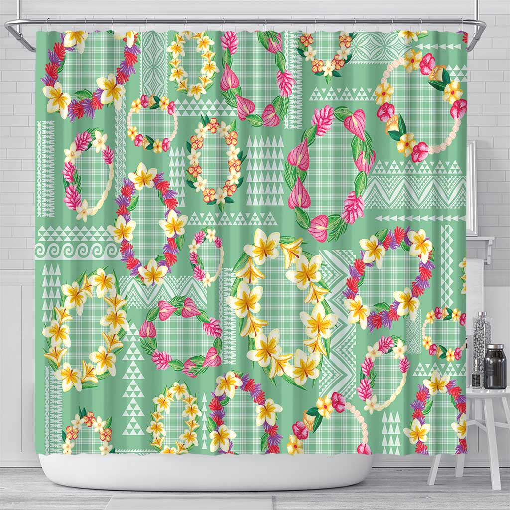 Hawaiian Leis Shower Curtain Kakau Tattoos and Palaka Pastel Green Color