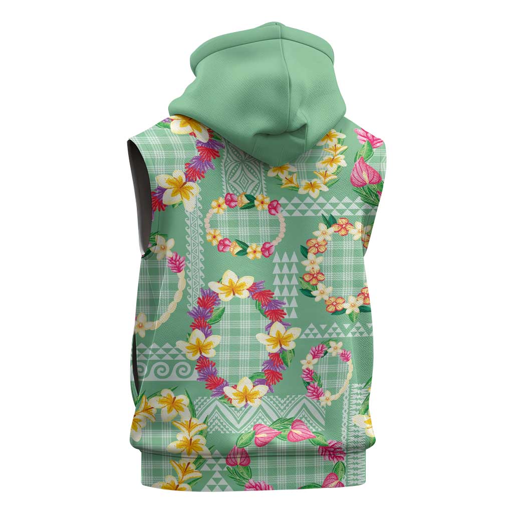 Hawaiian Leis Sleeveless Hoodie Kakau Tattoos and Palaka Pastel Green Color