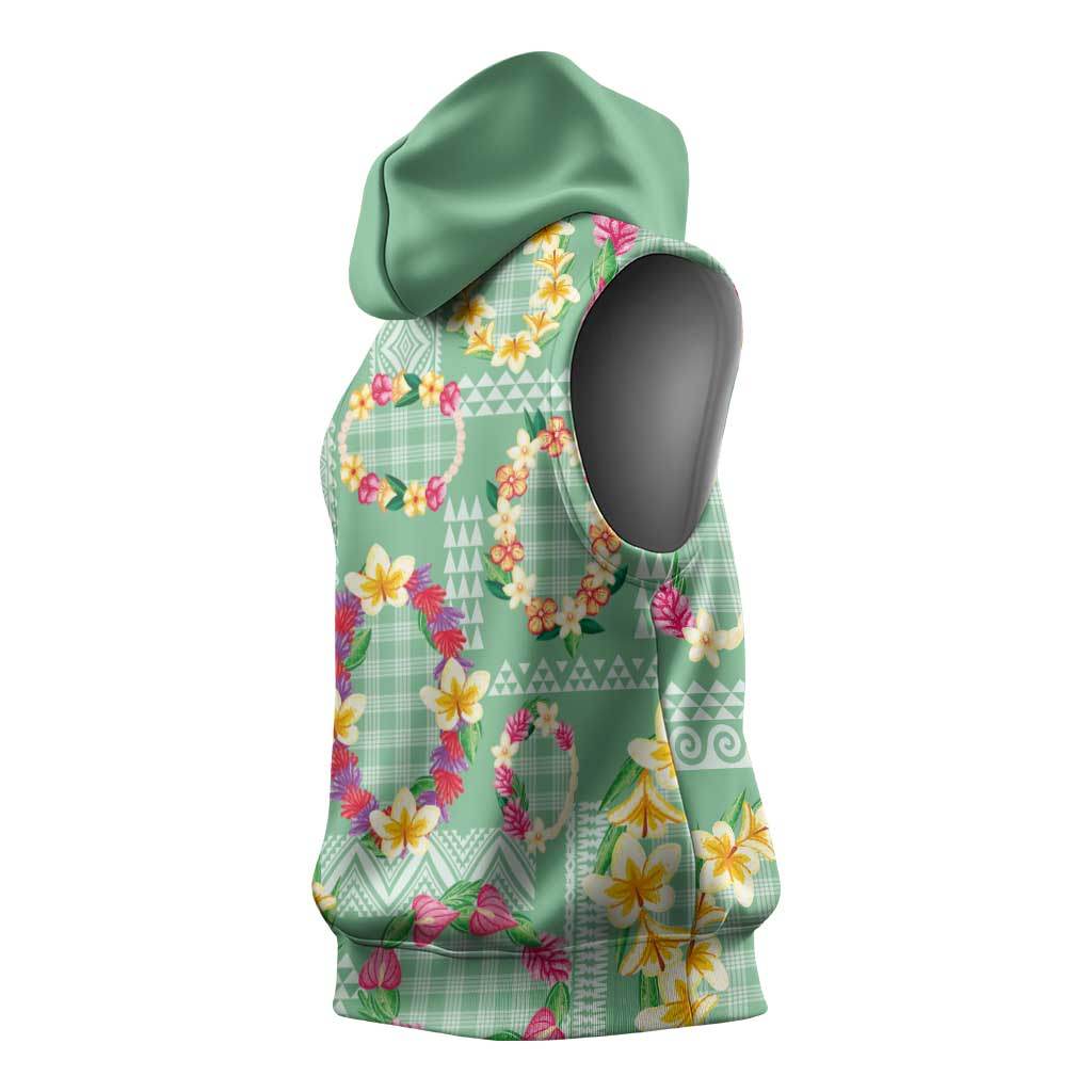 Hawaiian Leis Sleeveless Hoodie Kakau Tattoos and Palaka Pastel Green Color