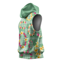 Hawaiian Leis Sleeveless Hoodie Kakau Tattoos and Palaka Pastel Green Color