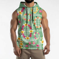 Hawaiian Leis Sleeveless Hoodie Kakau Tattoos and Palaka Pastel Green Color