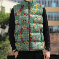 Hawaiian Leis Sleeveless Puffer Jacket Kakau Tattoos and Palaka Pastel Green Color