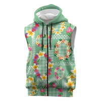 Hawaiian Leis Sleeveless Zip Hoodie Kakau Tattoos and Palaka Pastel Green Color