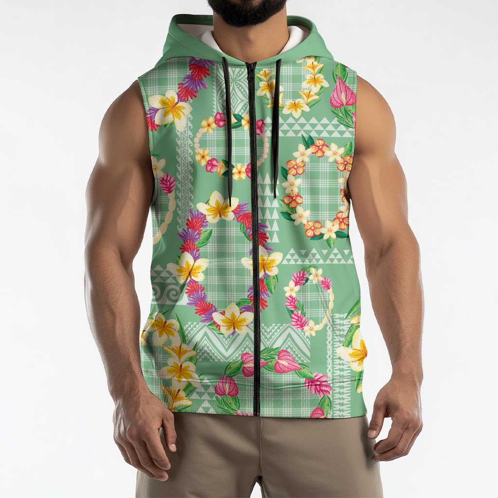 Hawaiian Leis Sleeveless Zip Hoodie Kakau Tattoos and Palaka Pastel Green Color