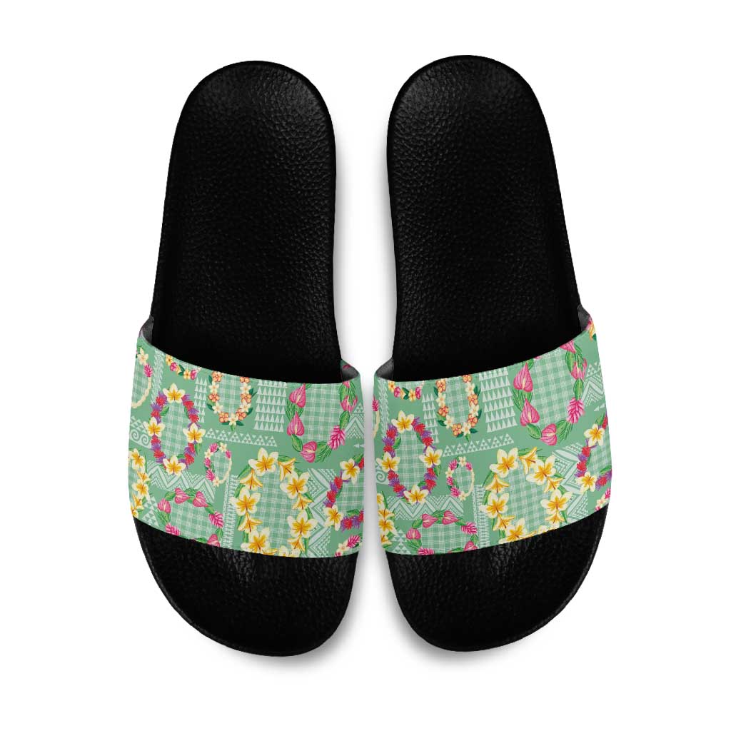 Hawaiian Leis Slide Sandals Kakau Tattoos and Palaka Pastel Green Color