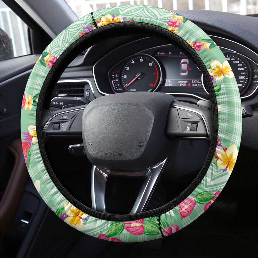 Hawaiian Leis Steering Wheel Cover Kakau Tattoos and Palaka Pastel Green Color