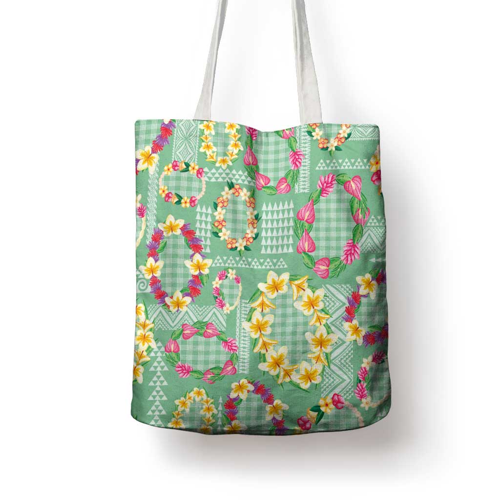 Hawaiian Leis Tote Bag Kakau Tattoos and Palaka Pastel Green Color