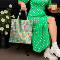 Hawaiian Leis Tote Bag Kakau Tattoos and Palaka Pastel Green Color