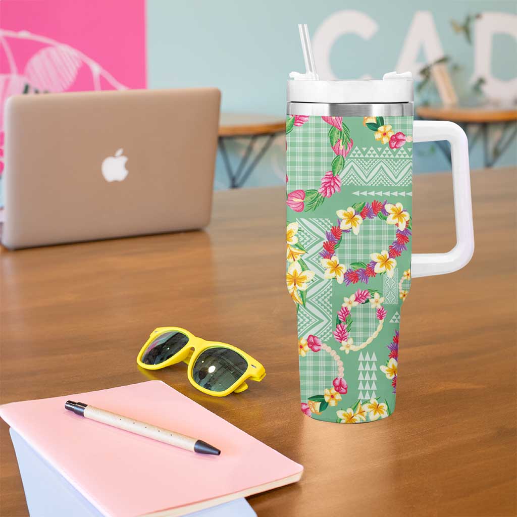 Hawaiian Leis Tumbler With Handle Kakau Tattoos and Palaka Pastel Green Color