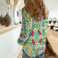 Hawaiian Leis Women Casual Shirt Kakau Tattoos and Palaka Pastel Green Color