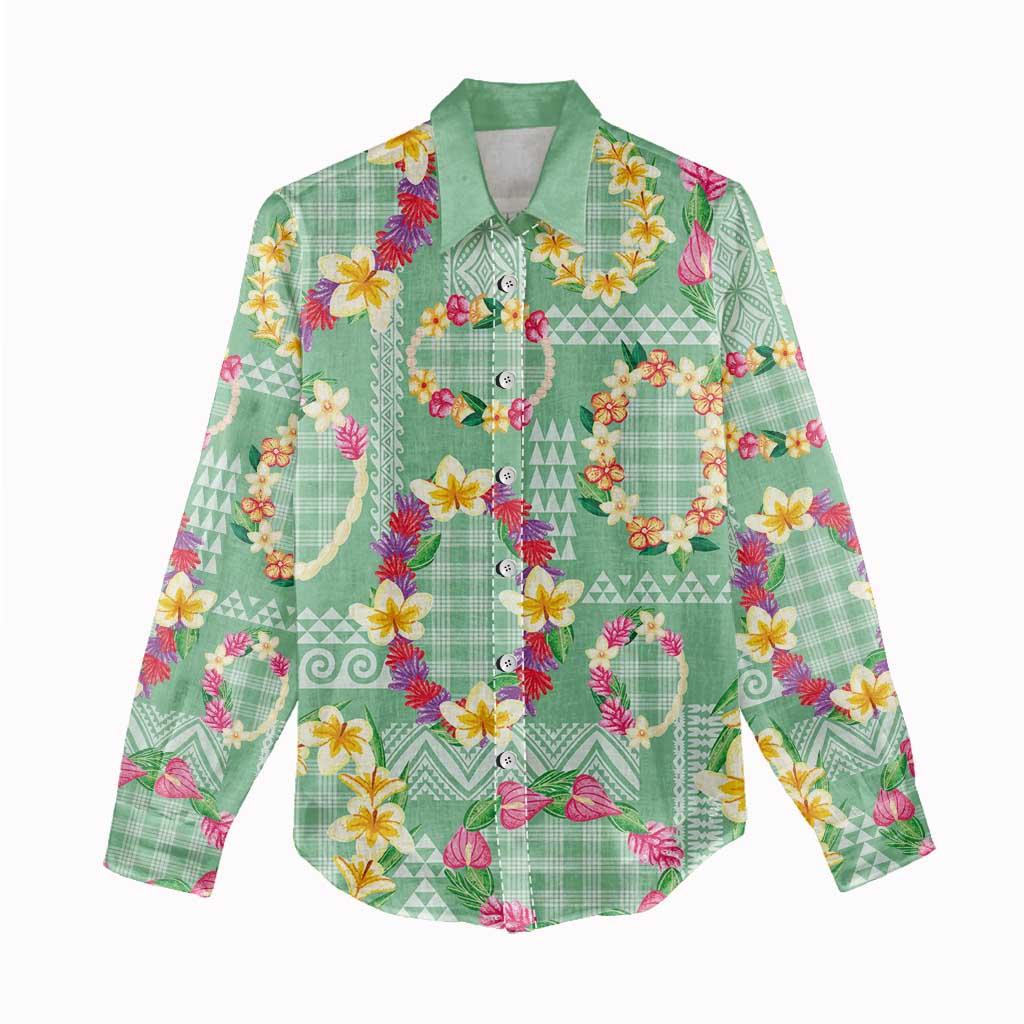 Hawaiian Leis Women Casual Shirt Kakau Tattoos and Palaka Pastel Green Color