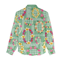 Hawaiian Leis Women Casual Shirt Kakau Tattoos and Palaka Pastel Green Color
