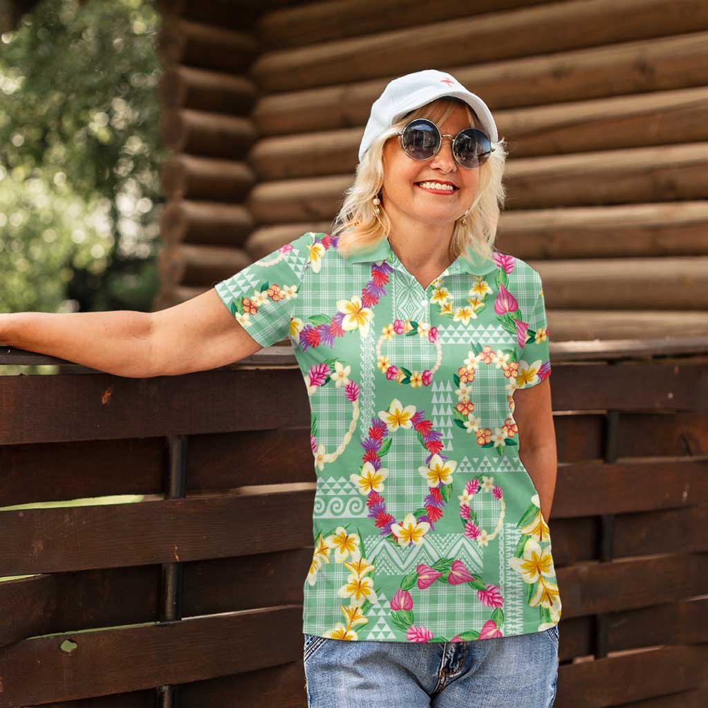 Hawaiian Leis Women Polo Shirt Kakau Tattoos and Palaka Pastel Green Color