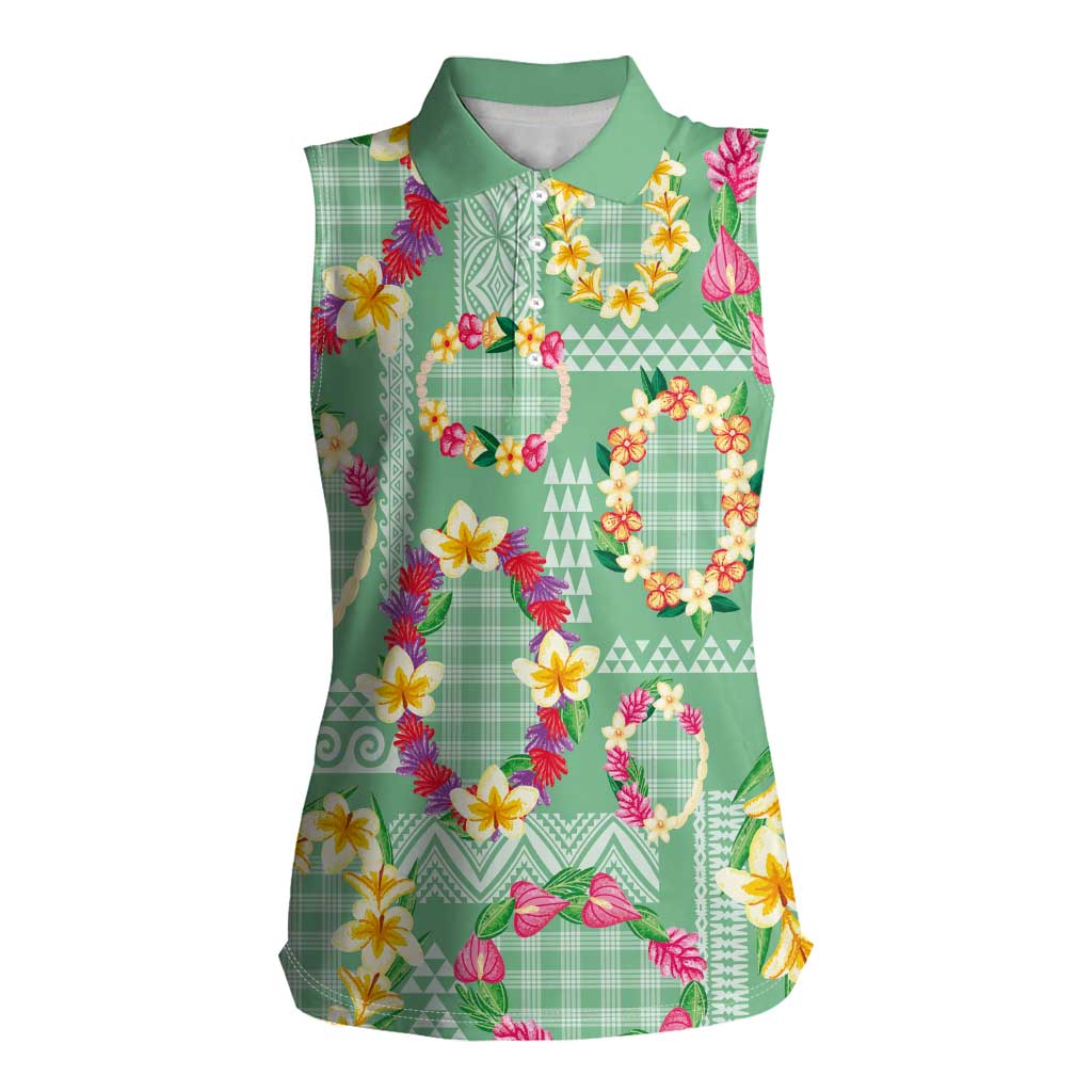 Hawaiian Leis Women Sleeveless Polo Shirt Kakau Tattoos and Palaka Pastel Green Color