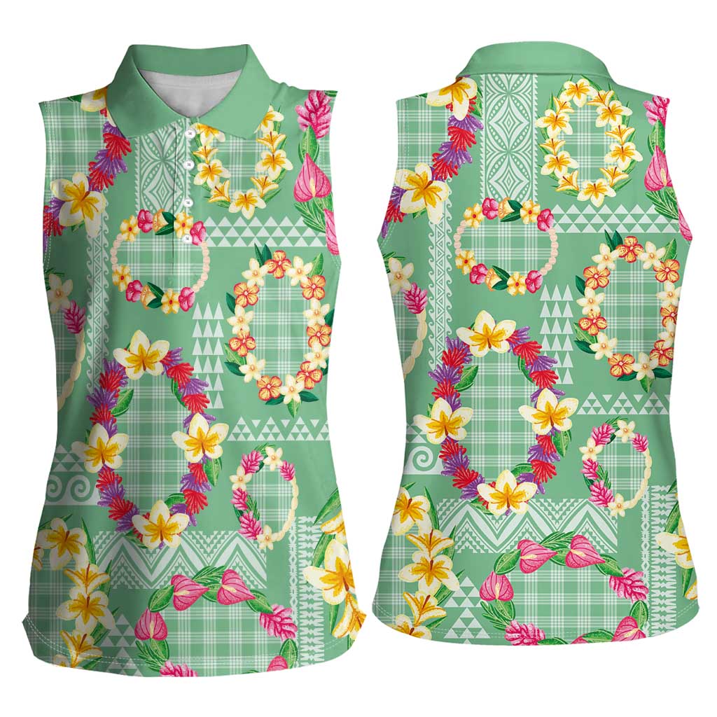Hawaiian Leis Women Sleeveless Polo Shirt Kakau Tattoos and Palaka Pastel Green Color LT03 - Polynesian Pride