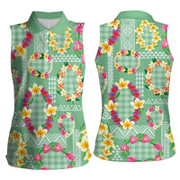 Hawaiian Leis Women Sleeveless Polo Shirt Kakau Tattoos and Palaka Pastel Green Color LT03 - Polynesian Pride