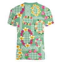 Hawaiian Leis Women V-Neck T-Shirt Kakau Tattoos and Palaka Pastel Green Color LT03 - Polynesian Pride