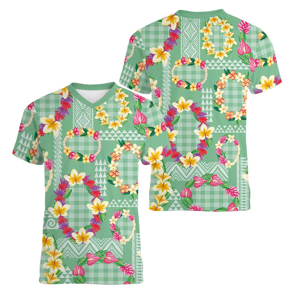 Hawaiian Leis Women V-Neck T-Shirt Kakau Tattoos and Palaka Pastel Green Color LT03 - Polynesian Pride