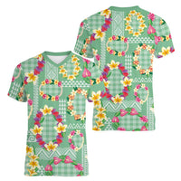 Hawaiian Leis Women V-Neck T-Shirt Kakau Tattoos and Palaka Pastel Green Color LT03 - Polynesian Pride