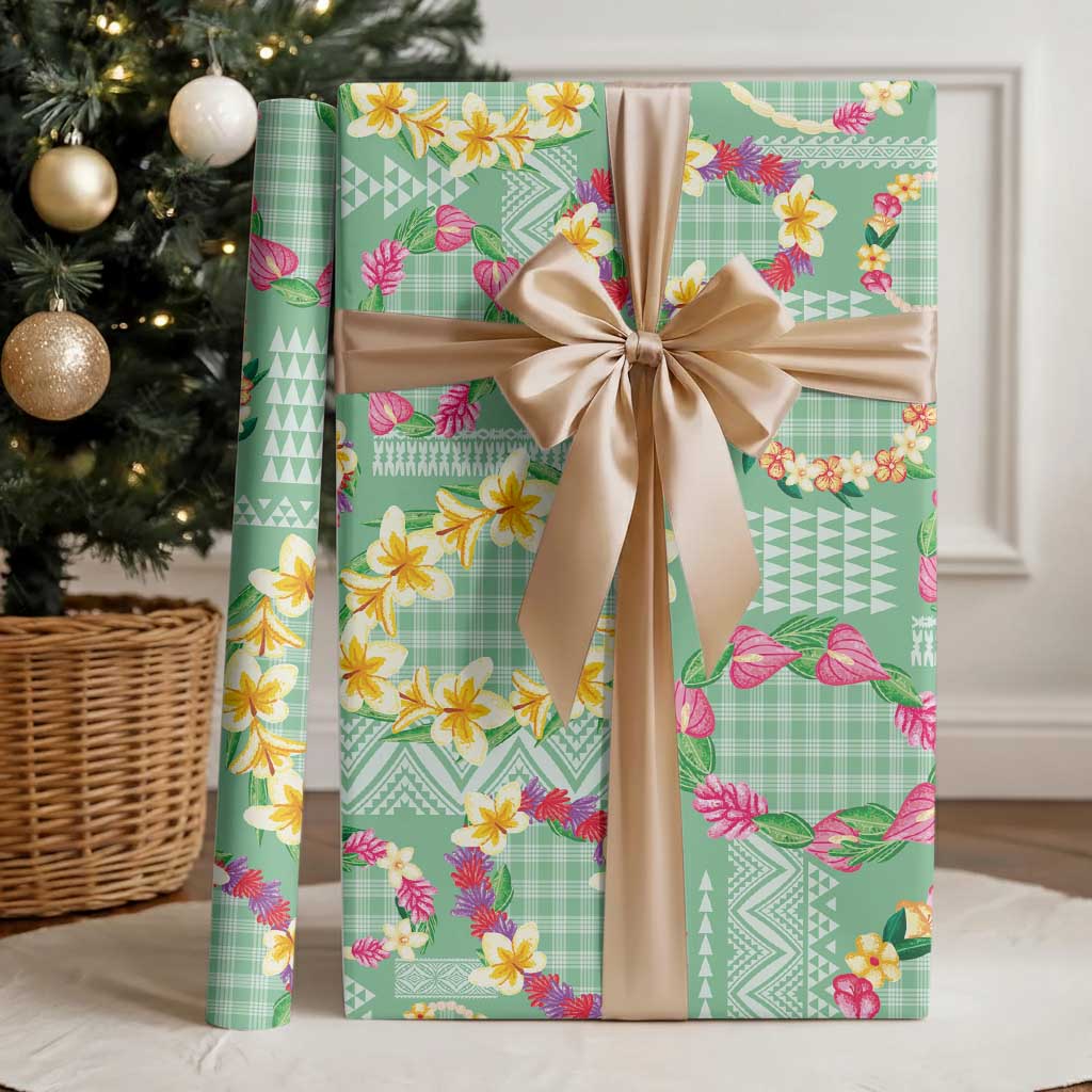 Hawaiian Leis Wrapping Paper Kakau Tattoos and Palaka Pastel Green Color