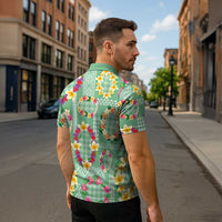 Hawaiian Leis Zipper Polo Shirt Kakau Tattoos and Palaka Pastel Green Color