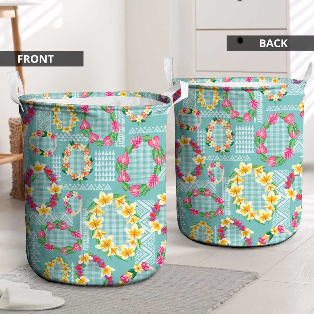 Hawaiian Leis Laundry Basket Kakau Tattoos and Palaka Pastel Teal Color