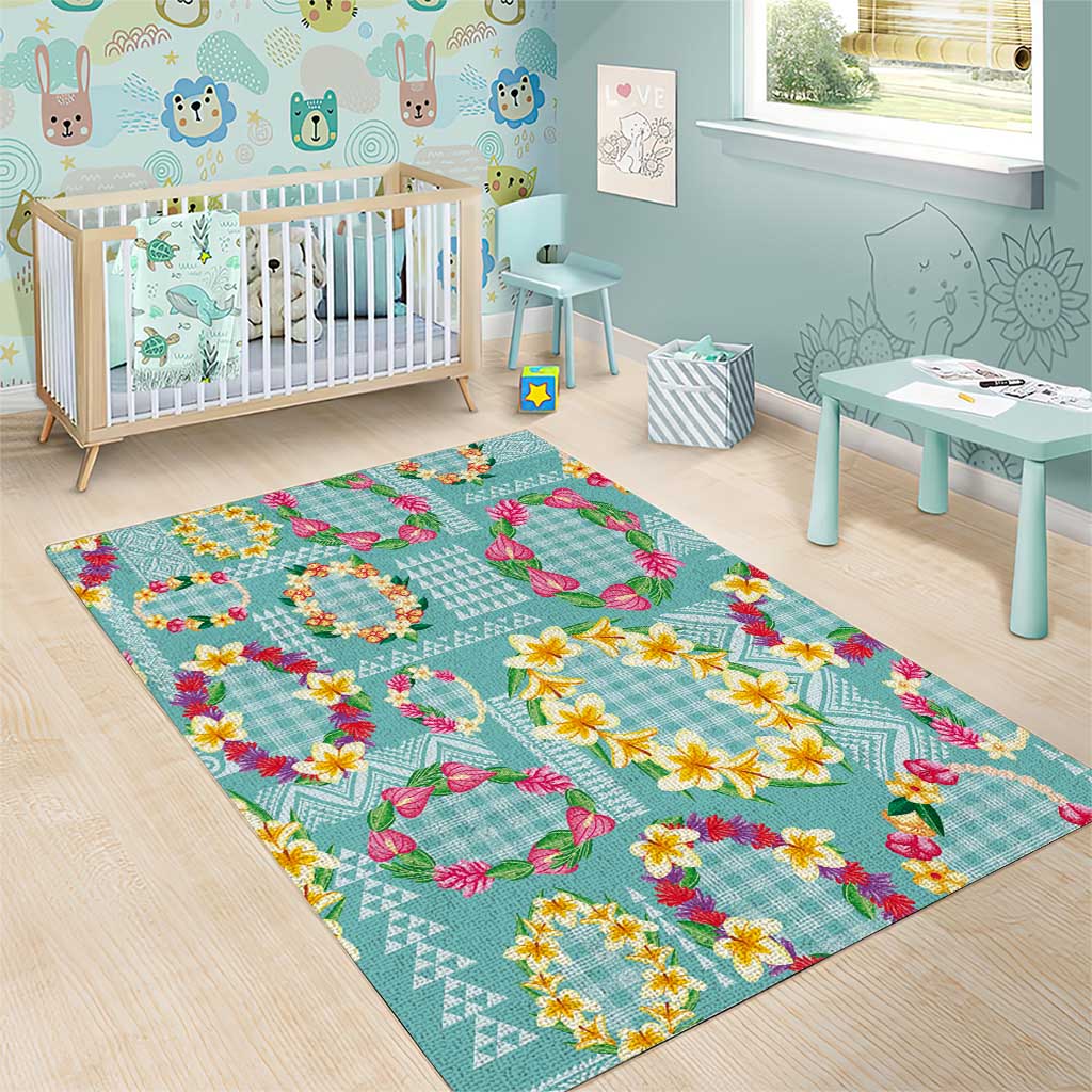Hawaiian Leis Area Rug Kakau Tattoos and Palaka Pastel Teal Color