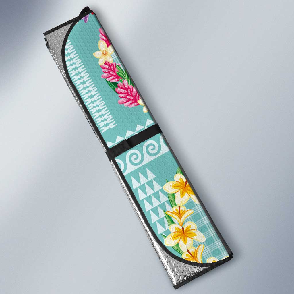 Hawaiian Leis Auto Sun Shade Kakau Tattoos and Palaka Pastel Teal Color