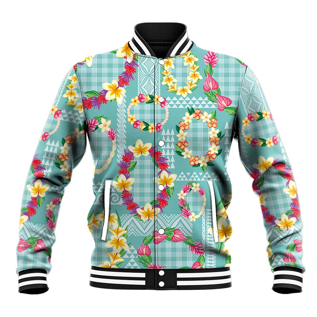 Hawaiian Leis Baseball Jacket Kakau Tattoos and Palaka Pastel Teal Color