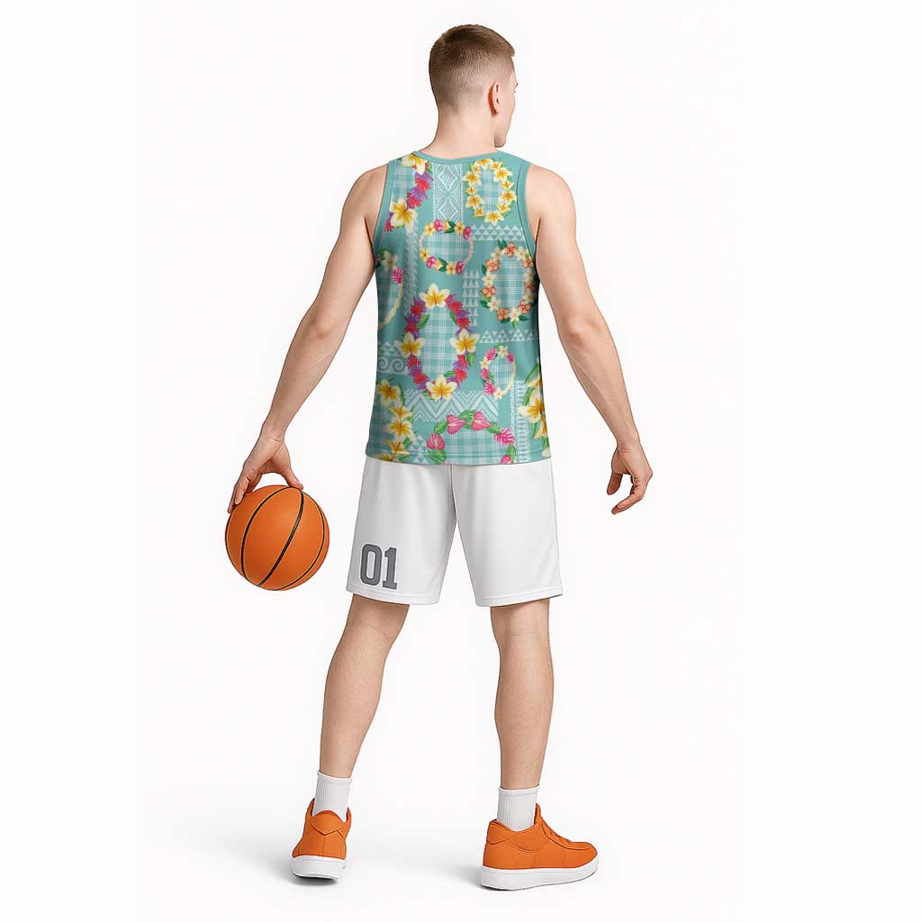 Hawaiian Leis Basketball Jersey Kakau Tattoos and Palaka Pastel Teal Color