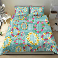 Hawaiian Leis Bedding Set Kakau Tattoos and Palaka Pastel Teal Color
