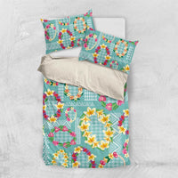 Hawaiian Leis Bedding Set Kakau Tattoos and Palaka Pastel Teal Color