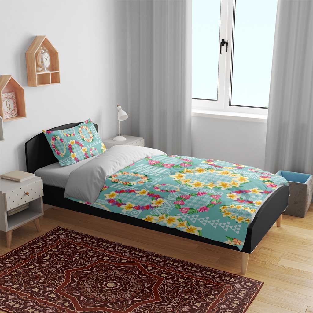 Hawaiian Leis Bedding Set Kakau Tattoos and Palaka Pastel Teal Color