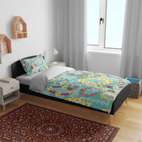 Hawaiian Leis Bedding Set Kakau Tattoos and Palaka Pastel Teal Color