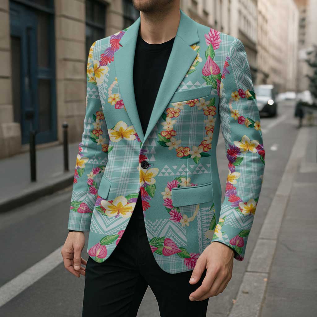 Hawaiian Leis Blazer Kakau Tattoos and Palaka Pastel Teal Color