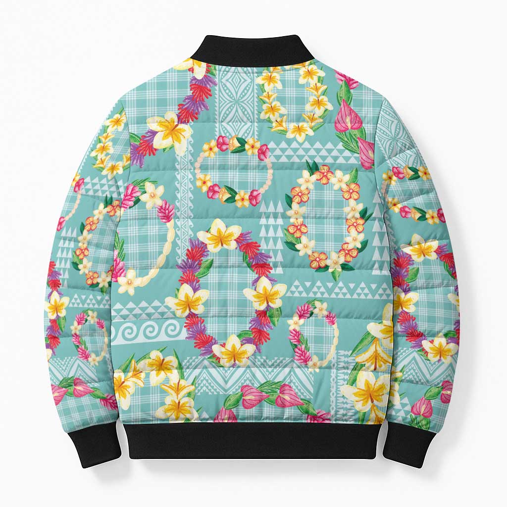 Hawaiian Leis Bomber Puffer Jacket Kakau Tattoos and Palaka Pastel Teal Color